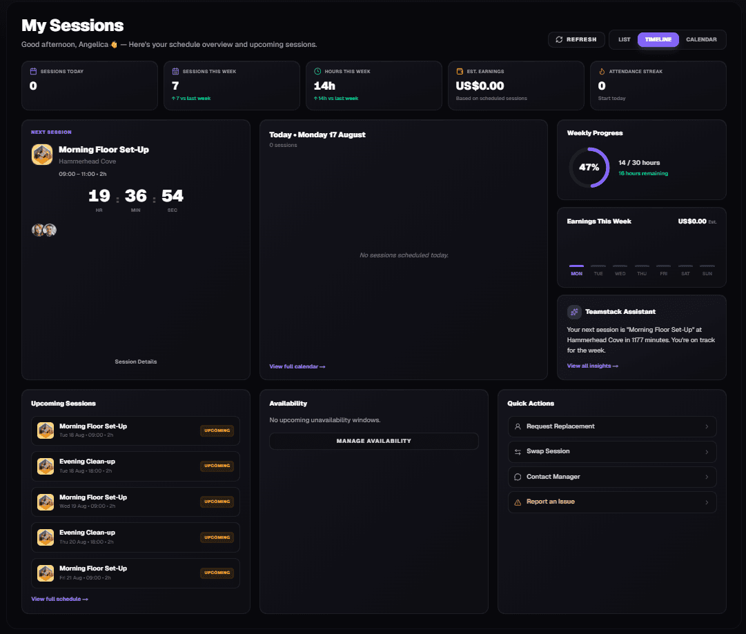 Teamstack My Sessions dashboard showing upcoming sessions, hours and attendance streak