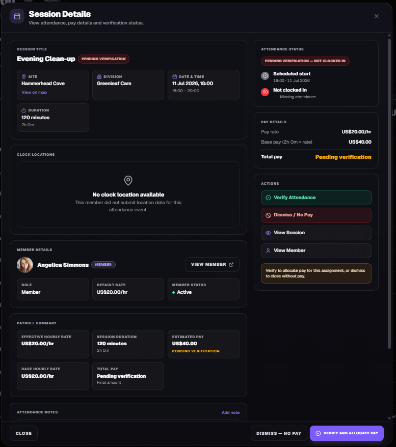 Teamstack session payroll details with member rate, hours and verify or dismiss actions