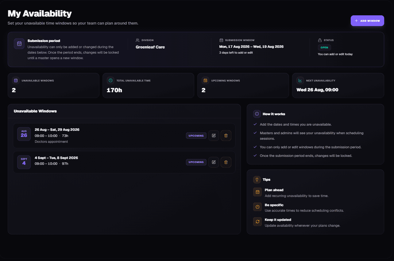 Teamstack availability view showing member unavailability windows and upcoming dates
