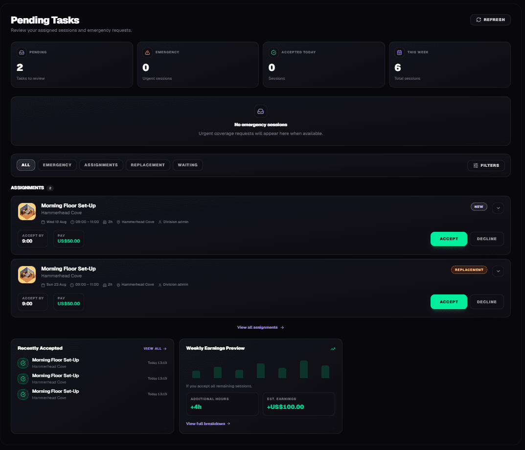 Teamstack requests inbox showing pending assignments, replacements and accept or decline actions